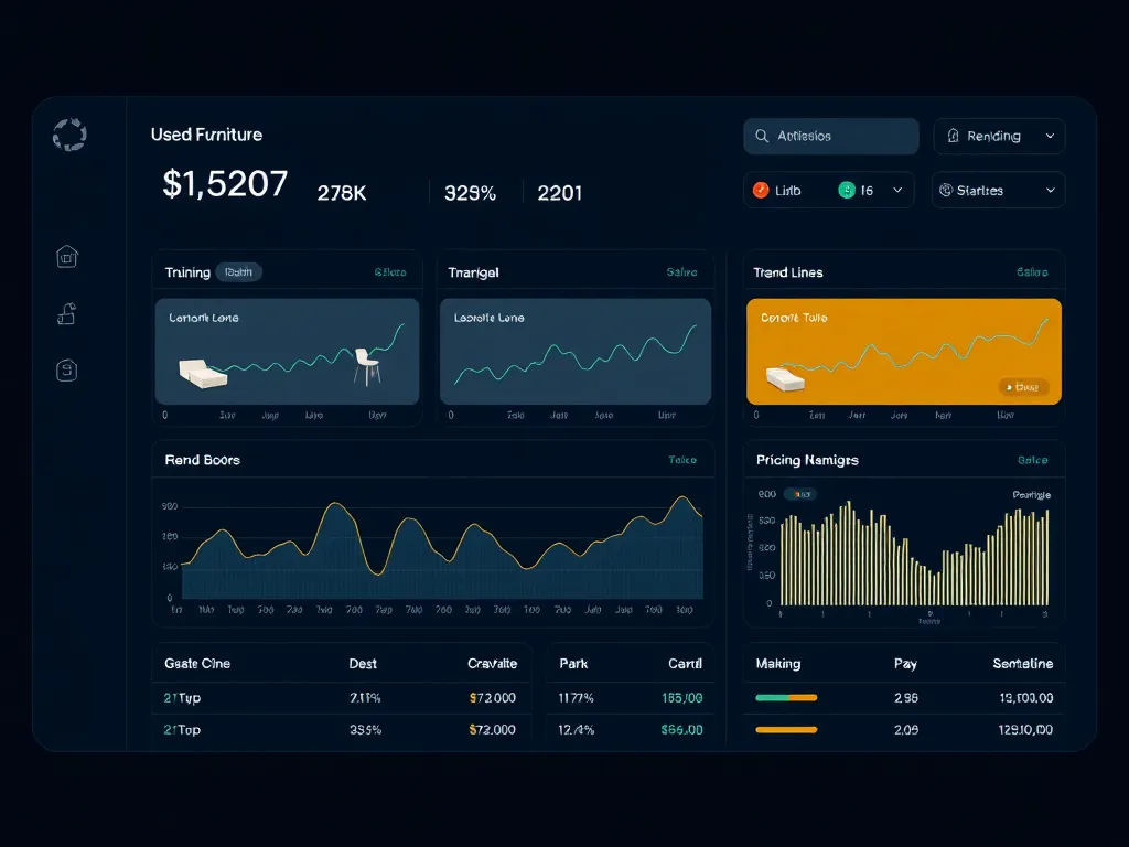 AI-driven pricing dashboard for used furniture, with data insights, trend lines, and market analysis, high quality, sleek design