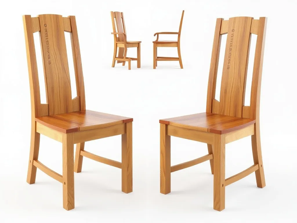 Detailed 3D model of a wooden chair, displayed in a clean and neutral background, showing various angles and dimensions, using augmented reality overlay