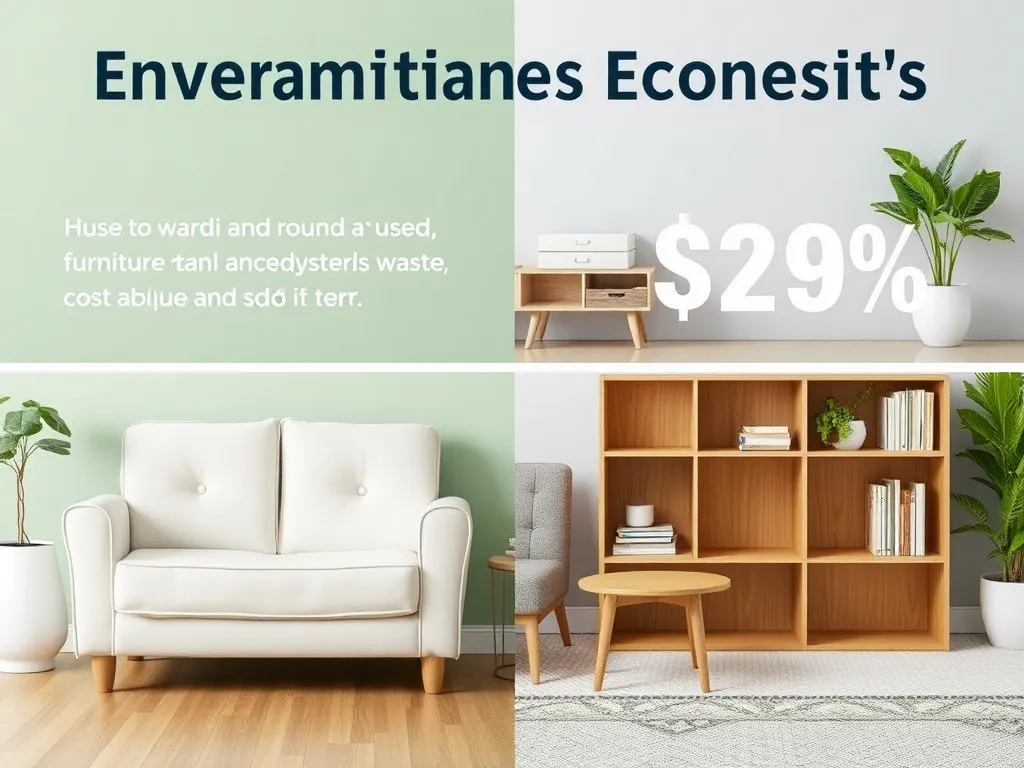 Environmental and economic benefits of used furniture, split image showing reduced waste and cost savings, clean design, clearly defined sections Environmental and economic benefits of used furniture, split image showing reduced waste and cost savings, clean design, clearly defined sections