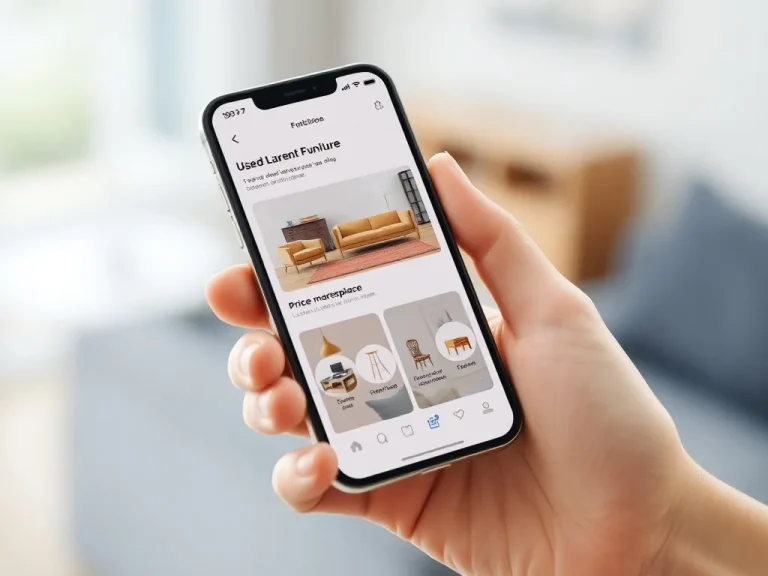 Smartphone displaying a modern app interface for used furniture sales, with clean layout, icons for chat, price estimation, and marketplace features, photorealistic, high quality, professional lighting