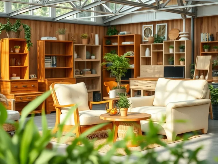 Sustainable furniture trade concept, photorealistic, high-quality image of used furniture being refurbished, natural lighting, eco-friendly setting, modern technology involved